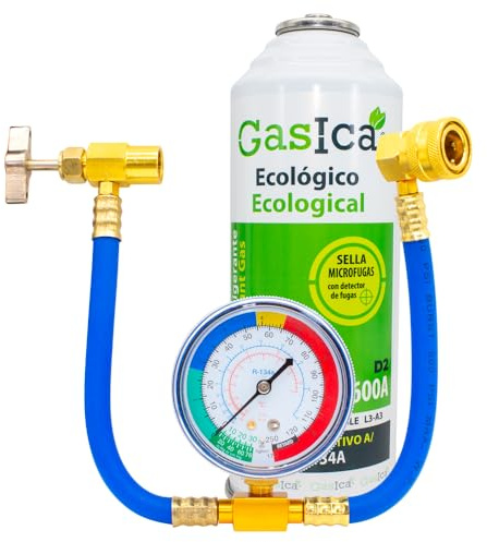 Pack GASICA D2 Sustituto de R12, R134A más manguera con manómetro con llave para reparación aire acondicionado de vehiculos