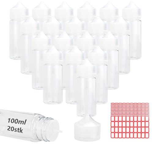 YOUNTHYE 20 Stück Leerflasche Liquid Flasche 100 ml Saucenflasche liquid flaschen 100ml aus PET Dosierflasche mit Aufklebern Liquid Flaschen für Malen, Soßen, Olivenöl, Ölflasche Plastik für Home