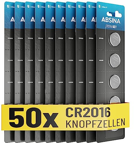 ABSINA CR2016 Knopfzelle 50er Pack - CR 2016 Knopfzelle 3V auslaufsicher & Lange Haltbarkeit - Batterie CR2016 für Autoschlüssel, Küchenwaage UVM - 2016 Lithium Knopfzelle 3V, Knopfbatterie CR2016