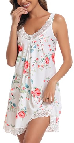 Lovasy Nuisette Sexy Femme en Dentelle Court Chemise de Nuit Babydoll Coton Grande Taille Bretelles Large Robe de Nuit Col en V sans Manches Impression de Fleur Blanc-Fleurs XXL