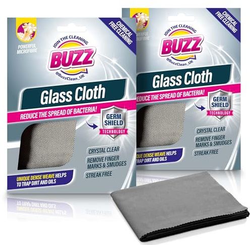 BUZZ 2pk Glass Cloth with Germ Shield - Streak Free Microfibre Cleaner | Absorbs oil and dirt, durable multipurpose design, for glasses, lenses and screen cleaning