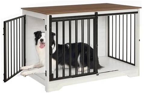 Hzuaneri Hundekäfig Möbel, 100cm hundebox für zuhause, Schiebetüren, 2 Tür, Moderne hundebox Holz Indoor für kleine/mittlere/große Hunde, Hundekäfig für Zuhause, 100 x 60 x 68 cm, Weiß Braun