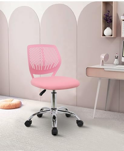 FEFE Kids Computer Desk Chair 40 x 38 x 85 cm Adjustable Low-Back Swivel Rolling Lightweight Study Armless Task Chair With Wheels And Mesh Padded Cushion (Pink)