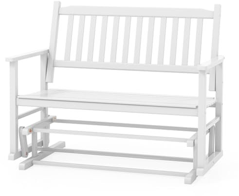 KOMFOTTEU Chaise à bascule 2 places de balcon, banc à bascule de pivot en bois massif, chaise à bascule ergonomique extérieure portée 225 kg avec dossier incurvé et accoudoirs, 126 x 68 x 100 cm,