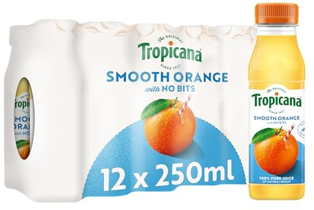 Tropicana - Orange Fruit Juice with No Bits - Long Life Pure Orange Juice, No Added Sugar, No Added Artificial Flavours, with Vitamin C - Breakfast Drink - 250ml (Pack of 12)