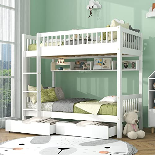Jtyca Wooden Bunk Beds for Kids & Children, 3FT Solid Pine Wood Single Bed Frame & Under Bed Slide Drawer Storage, Cabin Bed with Ladder, Guard Rail and Shelf, White-90x190 CM (Without Mattress)