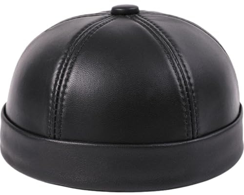 Vobumix Leather Docker Cap Brimless Hat Retro Hat Men's Skullcap Rolled Cuff Brimless Caps Thin Round Caps Vintage Sailor Cap for Men