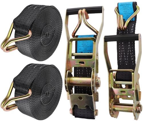 FWEEK 2 Sets Ratchet Tie Down Straps 5cm x 10m, 3T Break Strength, Heavy Duty Lashing Strap, Securing Straps with Handle and Metal J Hook for Trucks, Cars, Motorcycles – Black