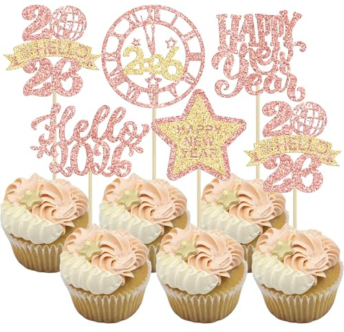 Gyufise 30Pcs Happy New Year 2026 Cupcake Toppers Hello 2026 Cupcake Picks Cheers to 2026 Midnight Clock Fireworks Hello 2026 Cake Decorations for 2026 Happy New Year Eve Party Supplies Rose Gold