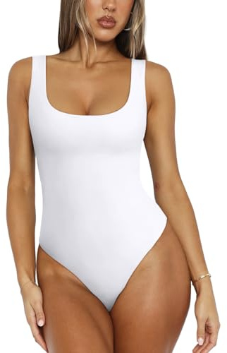 REORIA Women's Sexy Scoop Neck Sleeveless Bodysuit Backless Double Lined Tank Tops White Large