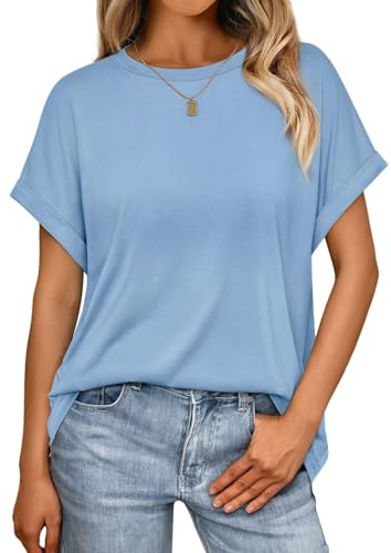 Cuptacc T-shirt dam rund hals kortärmad T-shirt överdimensionerad sommar ledig fladdermusärm bekväma sommartoppar för kvinnor, Himmelsblå, M
