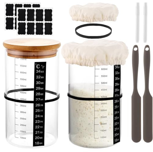 YAYODS Sourdough Starter Jar Kit, 2 Glass Jars with Bamboo Lids, Temperature Stickers, Dough Proofing Covers & Tools, Complete Fermentation Kit for Sourdough Bread Making