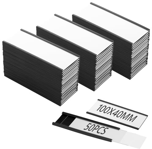 SENENQU 50 Pack 100 x 40mm Magnetic Label Holder, C Channel Magnetic Price Tags with Paper Inserts & Plastic Protectors, Magnetic Name Holder for White Board Metal Cabinet Drawer Shelves