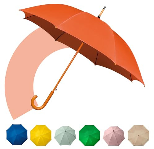 Jollybrolly Walking Umbrella – Wooden Walking Stick Umbrella, Crook Handle, Large Canopy for Sun Protection, Windrpoof, Waterproof, Long Stick Gents Umbrella