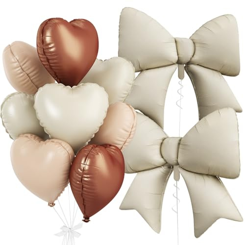 Brown Cream Heart Balloons, Foil Bow Balloons, 10Pcs 18 Inch Sand White Apricot Heart Shaped Balloon and 38 Inch Helium Cream Bow Balloon for Birthday Baby Shower Valentines Wedding Party Decor
