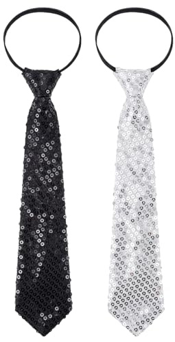 AOZUO Lot de 2 Cravate à Paillettes de Fête, Cravate à Paillettes pour Hommes et Femmes, pré-nouée de Costume de fête, Carnaval d'homme de Bachelor Party Carnaval Disco (Argent+Noir)