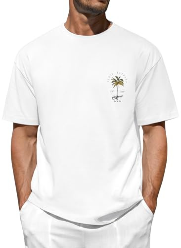 Lonya T Shirt Homme Oversize Été Décontracté Coton T-Shirts à Manches Courtes Col Rond Coupe Ample Imprimé Palmier Plage Tee Shirt Blanc,XXL