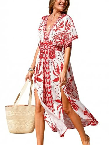 CUPSHE Robe Longue Femme Été Bohème Chic Ethnique Imprimé Floral Col V Manches Kimono Fente Latérale Taille Haute Maxi Fluide pour Plage Vacances