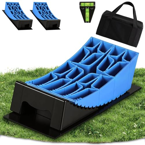 Cuñas para autocaravana de 13,5 t – 8 niveles de compensación de altura 2 – 10 cm. Sistema doble antideslizante de HDPE. Juego de 2 alfombrillas de goma y nivel de burbuja, también para eje doble