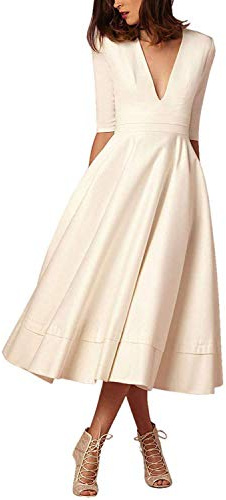 Modetrend Femme Robe de Cocktail Business Vintage Floral Soirée A-line Manches 1/2 Col V Profond Midi Robe ,Blanc ,XX-Large