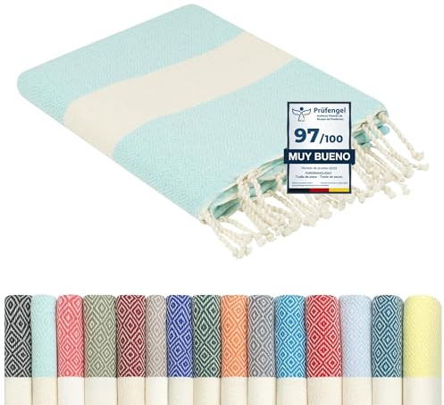 furora Holiday Toalla Playa Grande, Algodon 100 x 200 cm - Compacto, Ligero, Suave | Fouta Beach Towel con Flecos, Pareo, Toallas Piscina Mujer + Hombre | Manta de Viaje y Playa y Manta Picnic