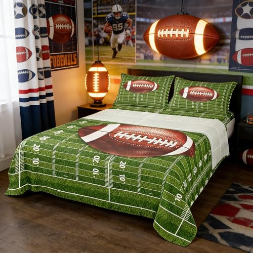 American Football Sheet Set Twin,Football Field Abstract Bedding Set for Kids Teens Adults,Soccer Sport Game Green Brown Bed Sheet Set 3pcs with Deep Pocket Fitted Sheet + Flat Sheet + 1 Pillowcase