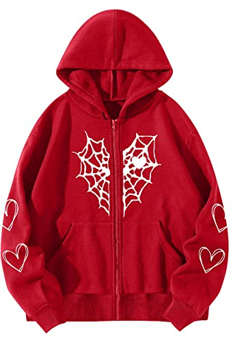 Kvinnor män jackor mörkt spindelnät kärlek tryck huvtröjor gata trend stor storlek kappa ledig Y2K varm huvtröja huvtröja zip up huvtröja för par lösa 90-tal streetwear, röd, S