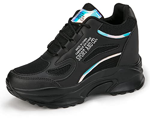 AONEGOLD Sneakers con Zeppa Donna Scarpe da Ginnastica Traspiranti Plateau Casual Moda Antiscivolo Sportive Fitness Scarpe con Tacco Nascosto Interno 7.5CM(Nero,Taglia 35)