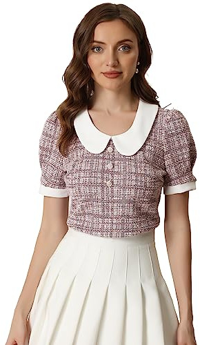 Allegra K Halloween Peter Pan Collar Blouse for Women's Button Decor Vintage Tweed Top Shirt X-Small Pink Grey
