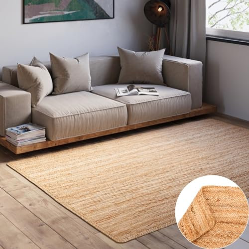 MY-RUG Handweb-Teppich aus Jute, Natur Wohnzimmerteppich, weicher Jute Teppich flach gewebt, handgemachter Juteteppich in skandinavischem Landhaus Stil, robust, Nitin, beige braun, eckig 200 x 140 cm