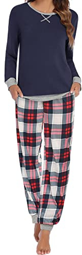 Ekouaer Damen Schlafanzug Lang Zweiteiliger Pyjama Set Rundhals Hausanzug Sleepwear Nachtwäsche Oberteil und Hose Blau,Plaid