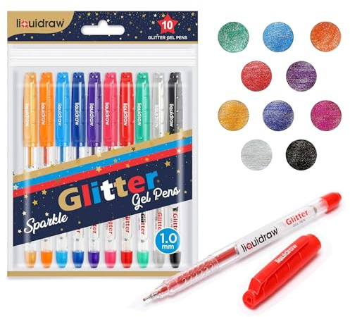 Liquidraw Glitter Gel Pens - Set of 10 Sparkly Metallic Colored Pens | Fine Tip 1.0 mm | Art & Craft Supplies for Kids & Adults | Perfect for Coloring Books, Black Paper, Card Making & Journaling