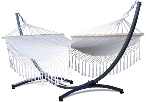 Hamac de Jardin POTENZA avec Support galvanisé | pour 2 Personnes | Hamac 220 x 160 cm avec Barres d'écartement | Testé jusqu'à 350 kg ! (Cadre galvanisé de qualité supérieure, Écru à Franges)