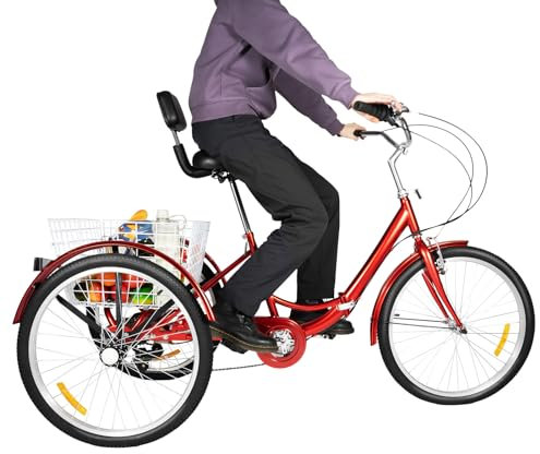CuCummoo 24 Zoll 7 Rang Faltbares Fahrrad Dreirad,Dreirad Erwachsene für Senioren Frauen Erwachsene Männer Lastenfahrrad,3-Rad-Fahrrad mit Einkaufskorb (Rot)