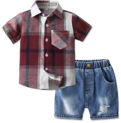 Volunboy Completi Estivi Bambino, Manica Corta Camicia Quadri + Short Jeans Blu Strappati 2 Pezzi Set(Denim Rosso,5-6 anni,Taglia 130)