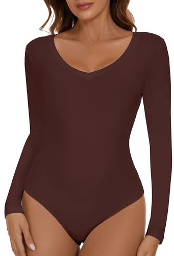 SHAPERIN Body para Mujer Manga Larga Cuello Pico Long Sleeve Bodysuit Elegante V Neck Jumpsuit Top Marrón M