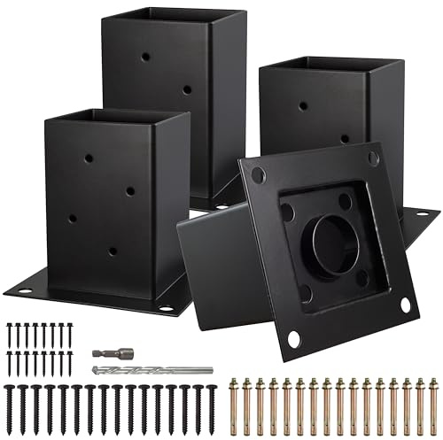 (4 PCS) LADECH 4x4 Post Anchor Base with Bottom Drainage Hole, Black Powder Coated Brackets for Fence Posts, Pergola, Mailbox Post, Come with Wood Screws and Concrete Anchors (4, 4x4)