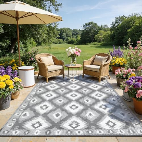 SHACOS Outdoor Teppich Wetterfest 240x300 cm, Wendbarer Balkon Camping Teppich, Kunststoff Stroh Terrasse Matte UV-beständig Picknickdecke für Patio Garten Picknick BBQ, Grau