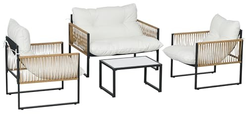 Outsunny Salon de Jardin extérieur 4 pièces mobilier de Jardin canapé 2 Places 2 fauteuils et 1 Table Basse Plateau Verre trempé 3 Coussins Acier et résine tressée - crème