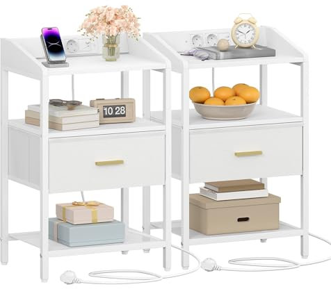 Hzuaneri Nachttisch 2er Set, Beistelltisch mit Steckdose, Nachttische mit 1 Stoffschublade und Offenes Fach, für Schlafzimmer, Wohnzimmer, 30 x 40 x 68 cm Weiß NS30313WEU