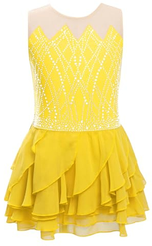 Alvivi Robe Patinage Artistique Enfant Fille Justaucorps Danse Classique Strass Robe De Danse Lyrique Ballet Contemporain Jaune 15-16 Ans