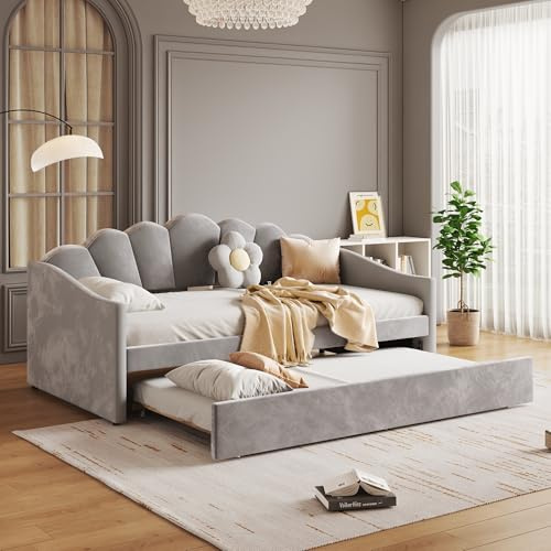 EINHOM Day Bed, Upholstered Single Sofa Bed with Trundle, 3ft Single Pull Out Bed for Youth Adults & Teenagers, 90x190cm, Velvet, Grey, (No Mattress)