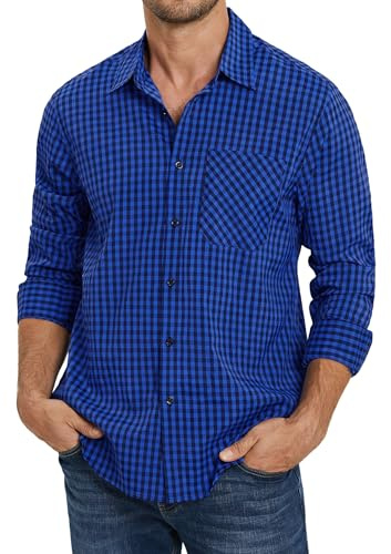 Enlision Herrskjorta, rutig, långärmad skjorta, normal passform, fritidsskjorta, traditionell skjorta, check buttondown skjortor med ficka för Oktoberfest karneval, Kungsblå och svart, L