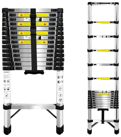 Brstheco Scala Telescopica 4 Metri in Acciaio Inossidabile,Scala Telescopica Pieghevole con Barra Stabilizzatrice,Scala Retrattile Adatto per Campeggio Camper Migliorie domestiche Carico 150 KG