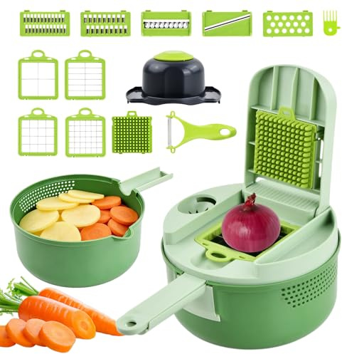 Taglia Verdure Multifunzione 12 in 1, Mandolina per Affetta Verdure con Contenitore, Grattugia, Tritatutto Manuale, Spiralizzatore, Cestello Drenante, Spazzola per Pulizia e Pelapatate