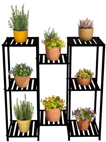 Relaxdays Scaffale Portapiante a 8 Ripiani, Supporto per Vasi Fiori, Scala per Piante HLP: 81x80x28,5 cm, Metallo, Nero