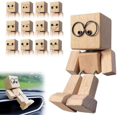 Resiprolty Statuetta oscillante per auto, statuetta di legno oscillante, in legno, con 12 beccucci magnetici per il viso, figura oscillante, per la decorazione del cruscotto