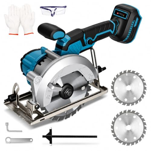 SINGTIP Mini Scie Circulaire Sans Fil Compatible avec Makita 18V Batterie, 7200 tr/min Scies Circulaires Electriques, Coupe d'onglet 45°/90°, 2 Lames 140mm pour Bois et PVC(Batterie Non Fournie)