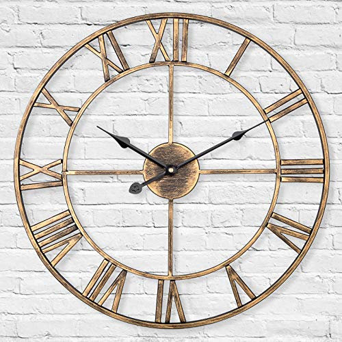 LENAUQ Silent Metal Skeleton Wall Clock, 40cm European Farmhouse Vintage Clock with Roman Numeral, Non-Ticking Battery Operated Hanging Wall Clock for Home Kitchen Cafe Hotel Office Decor(Gold)