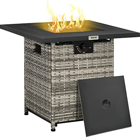 Outsunny Outdoor PE Rattan Gas Fire Pit Table, Patio Square Propane Heater with Rain Cover, Mesh Lid and Lava Stone, 40,000 BTU, Mixed Grey